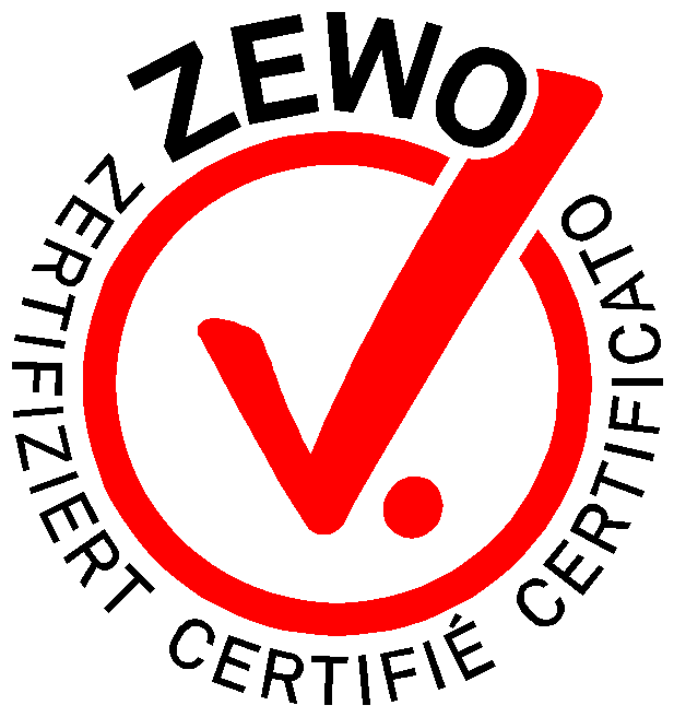 ZEWO-Zertifikat: Roter Kreis mit rotem Haken