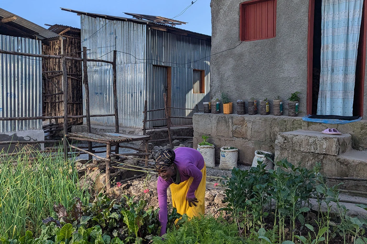 Sozialbau in Debre Berhan, Äthiopien | Stiftung Menschen für Menschen Frau jättet im Garten vor dem Sozialbau