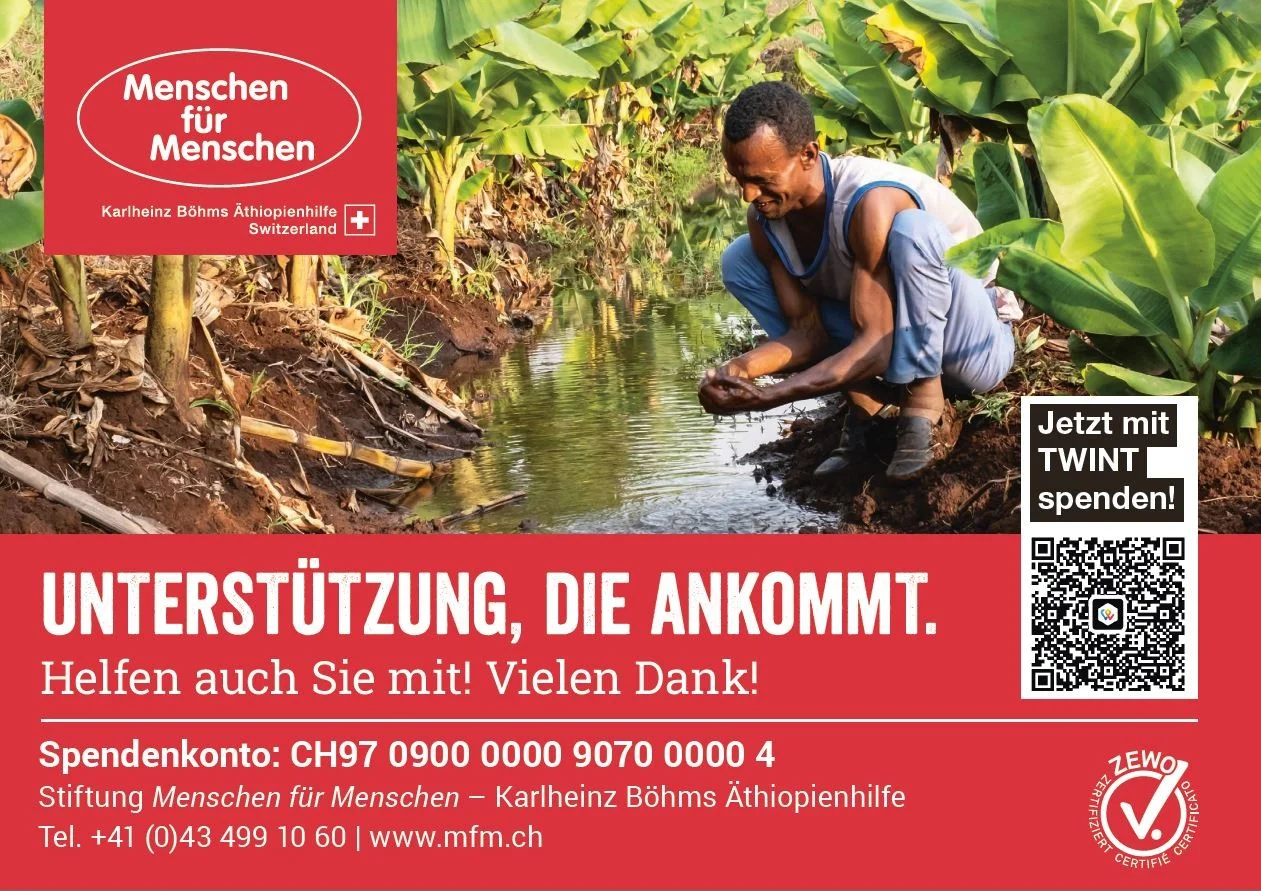 MfM-Inserat mit TWINT QR-Code, Bild und Text: "Unterstützung, die ankommt."