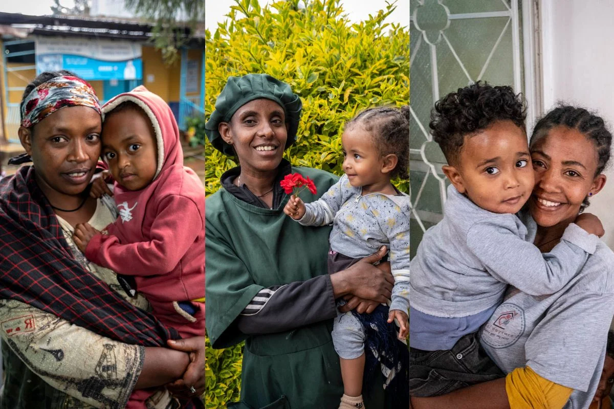 Collage mit drei Mütter mit ihren Kindern