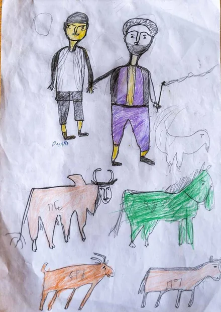 Zeichnung von Biruk: Ein Hirte hütet sein Vieh