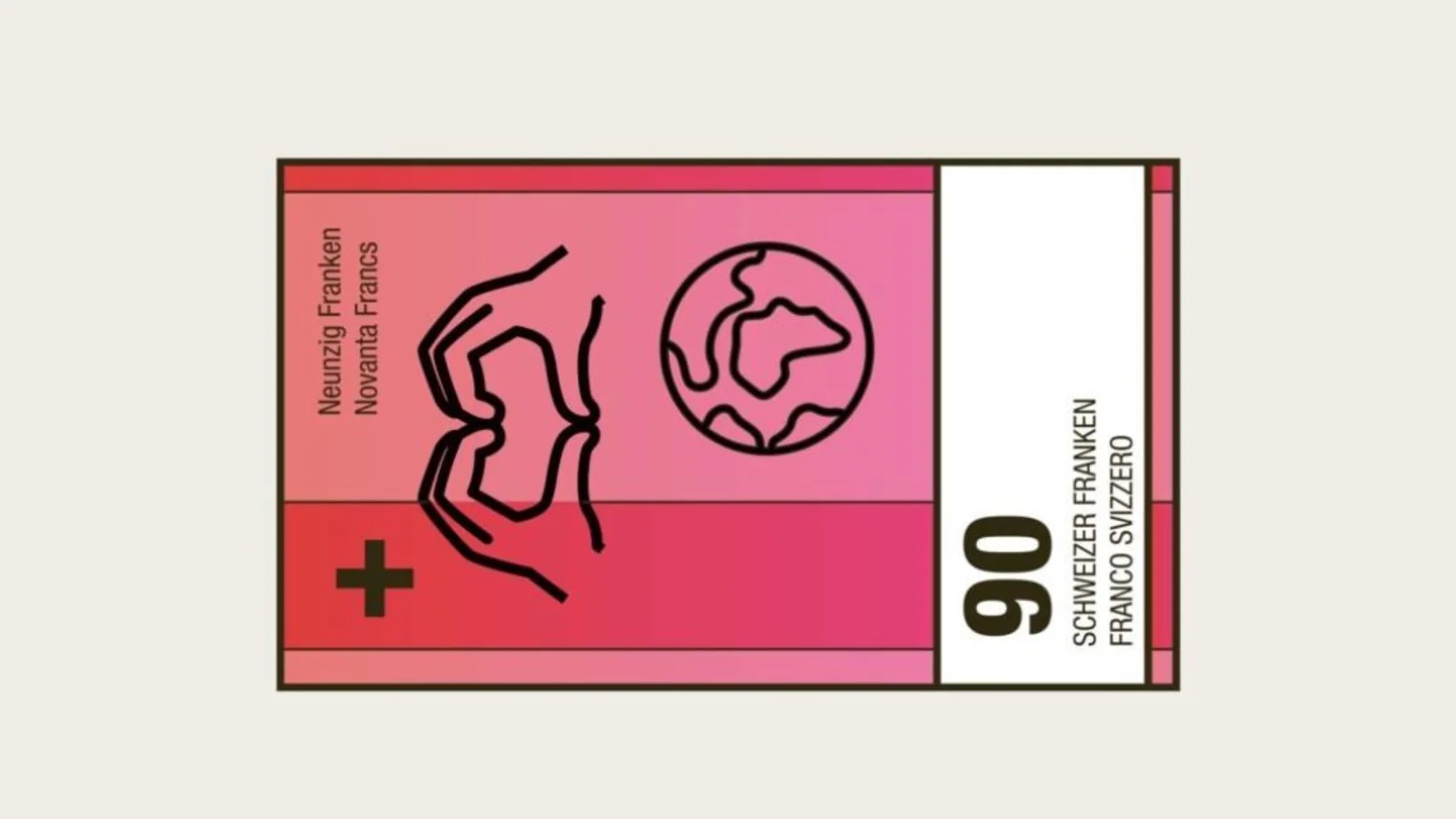 Falsche 90-Franken-Note mit Herz- und Welt-Symbol in der Farbe Rot