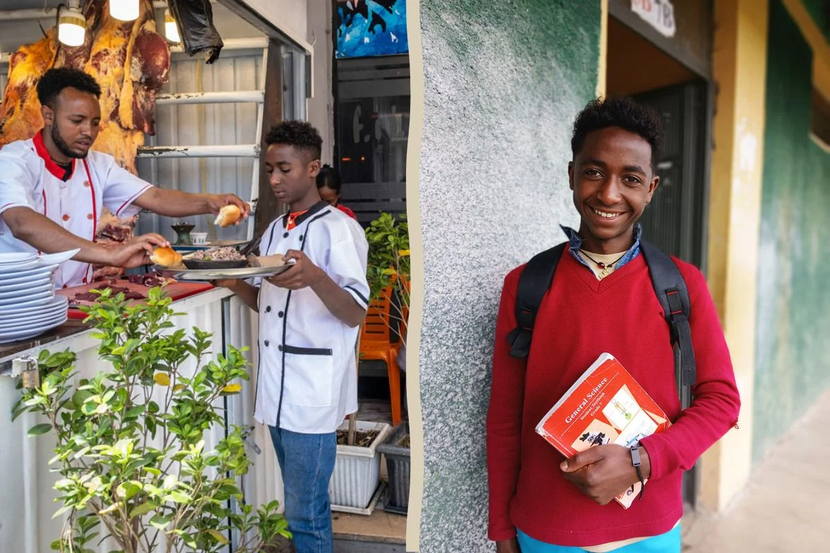 Ayele vorher bei der Arbeit vs. nachher in Schuluniform